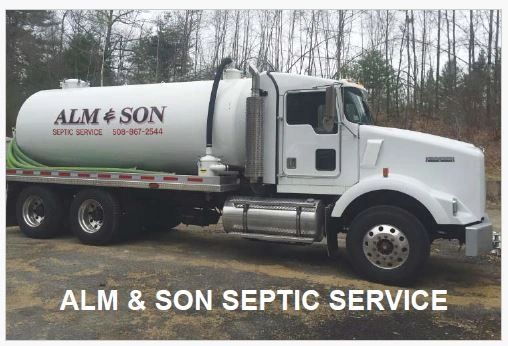 Alm & Son Septic Service postcard front — truck photo