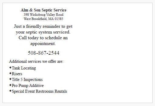 Ahm & Son Septic Service postcard back — service reminder