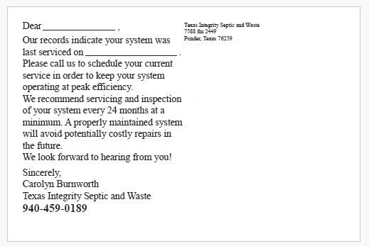 Texas Integrity Septic and Waste service letter