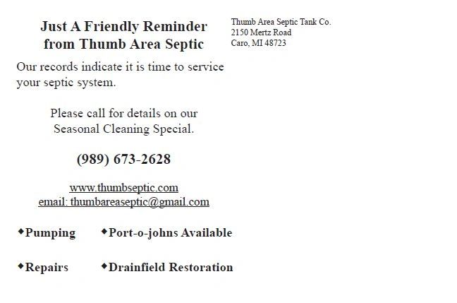 Thumb Area Septic Tank Co. postcard back — service reminder