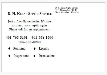 D.H. Keene Septic Service postcard back — service reminder